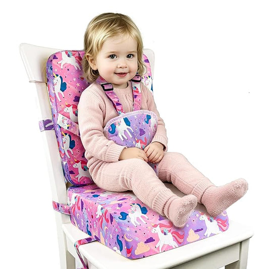 Toddler Booster Seat for Dining Table & Kitchen Chair with Backrest & 5-Point Harness - Portable Kids Booster Seat, Waterproof & Easy to Clean, Adjustable, Non-Slip, Lightweight (Pink Horse)