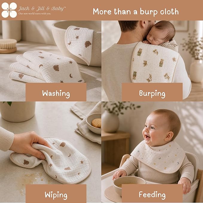Jack & Jill & Baby Muslin Burp Cloths, 100% Cotton, 6-Pack, Large Soft Absorbent Baby Burp Rags for Newborns and Infants (Little Explorer Mix (Bear, Teddy & Stars))