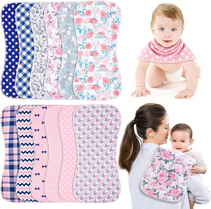 Baby Burp Cloths & Baby Bibs 2-in-1 Design Large Size 3 Layers Thicken Cotton Super Absorbent and Soft Baby Spit Up Burping Rags Baby Burp Cloth Set for Boys and Girls Solid 12 Pack