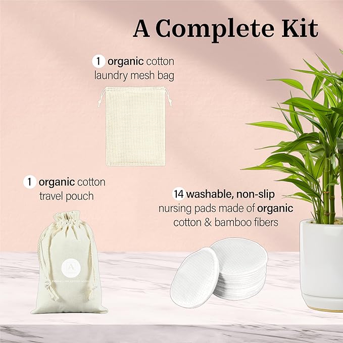 Reusable Non-Slip Nursing Pads, 14 Washable Organic Cotton Breast Pads, Ultra Absorbent & Leakproof, Soft, Thin & Discreet, Comfortable for Sensitive Skin, Postpartum Essential