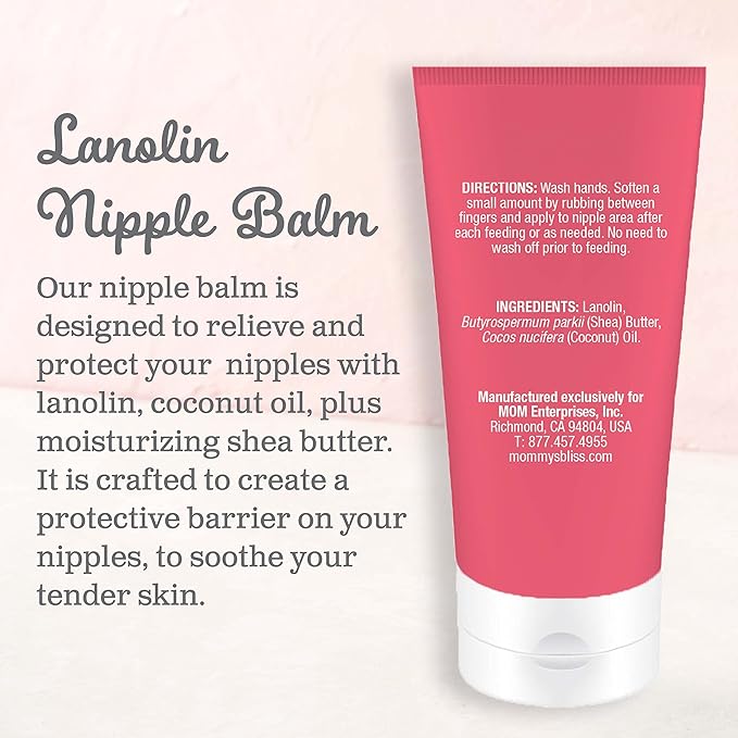 Mommy's Bliss Lanolin Nipple Balm Breastfeeding Cream with Coconut Oil & Shea Butter, Soothing Cream for Sore, Cracked Nipples, Safe for Nursing Babies, Flavorless, 2 Oz
