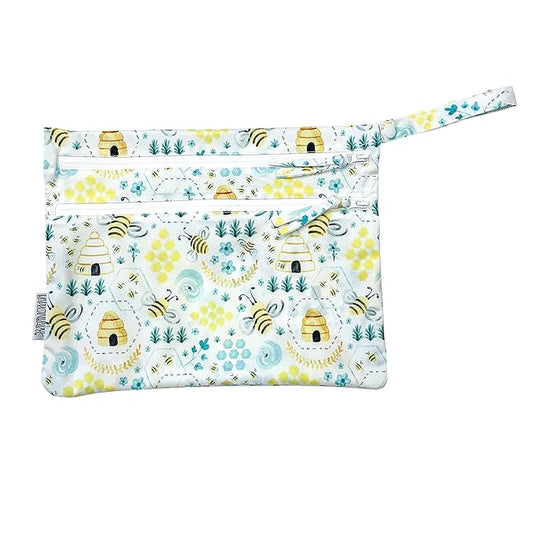 BapronBaby Busy Bees Wet Dry Bag - Waterproof Two Zipper Pockets - Reusable for Mealtime, Diapers, Stroller, Snacks, Swimsuits - Machine Washable - 11" x 9"
