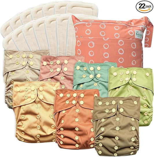 7-Pack Reusable Cloth Diapers with AWJ Interior – Includes 14 Absorbent Inserts and 1 Wet Bag – Adjustable, Waterproof, and Washable (Moss & Maple, Cotton Inserts)