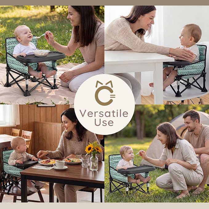 Toddler Booster Seat for Dining Table & Kitchen Chair - Portable Foldable with Removable Tray, Baby Camping Chair 6-36 Months Indoor Outdoor (Green Stripe)