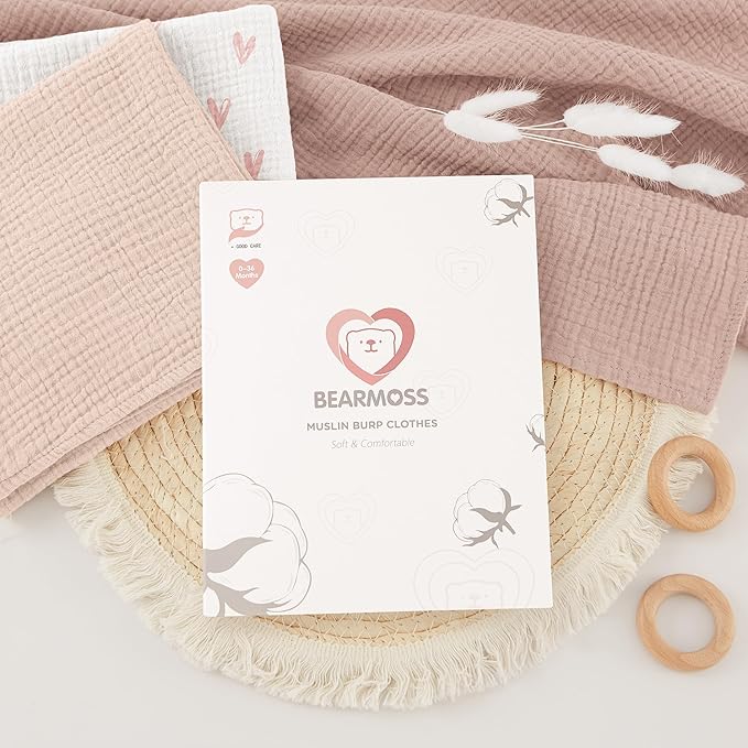Bearmoss 6 Pack Large Muslin Burp Cloths, 100% Cotton Soft Baby Burping Cloths for Boy, Girl, 23.6" X 23.6" Absorbent Milk Spit Up Rags, Newborn Essentials (Pink Print)