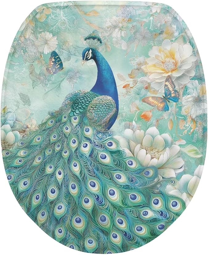 Peacock Toilet Lid Cover Soft Flannel Fabric Toilet Cover Elastic Edges Seat Covers Soft and Breathable Toilet Lid Covers for Bathroom Fits Most Toilet Lids