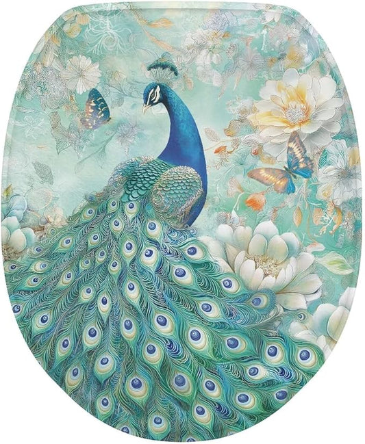 Peacock Toilet Lid Cover Soft Flannel Fabric Toilet Cover Elastic Edges Seat Covers Soft and Breathable Toilet Lid Covers for Bathroom Fits Most Toilet Lids