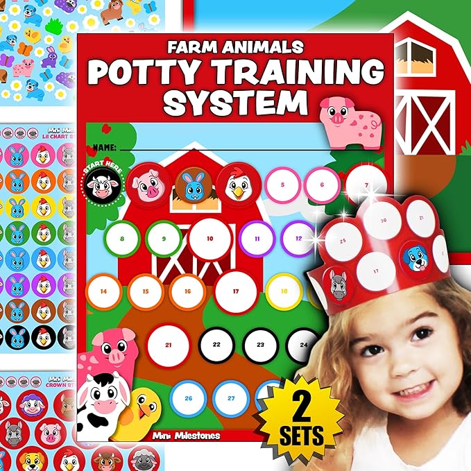 17PC Toddler Farm Animal Potty Training Chart Behavior Chart for Toddlers, Potty Chart, Toddler Reward Stickers, Reward Chart for Kids, Crown & Activity Board by LIL ADVENTS Mini Milestones + eBook