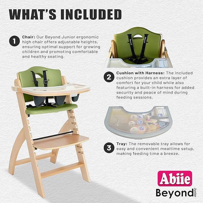 Abiie Beyond Junior Wooden High Chair for Babies and Toddlers - Convertible 3-in-1 Baby Highchair with Removable Tray - 6 Months to 250 Lb - Water Resistant - Natural Wood/Olive Cushion