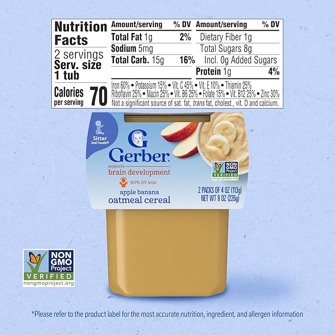 Gerber Stage 2 Baby Food, Apple Banana Oatmeal Cereal Tubs, Iron Helps Support Brain Development, No Added Colors or Flavors, Baby Oatmeal, 16-Pack