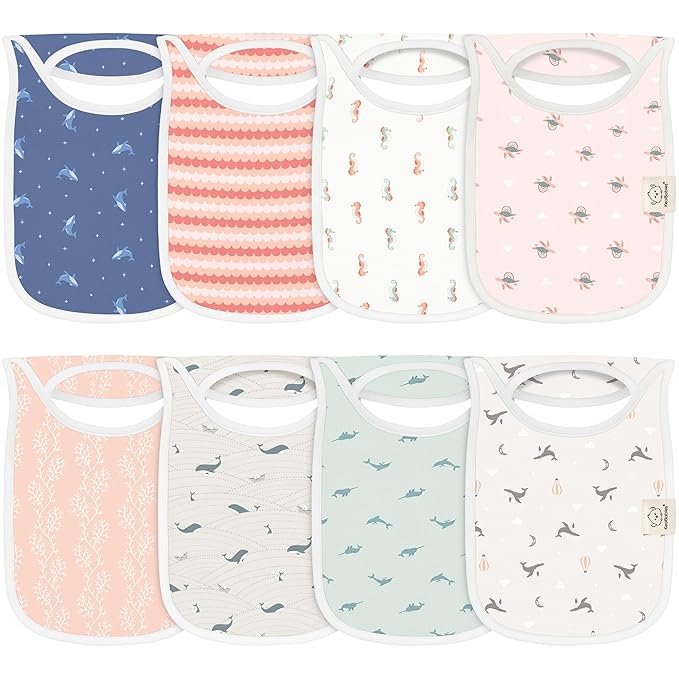 KeaBabies 8-Pack Bibs for Baby Girl, Boy - Pullover Large Baby Bibs for Drooling and Teething Infant, Newborn,Soft & Absorbent Organic Cotton,Long Torso Coverage Keep Toddler Clean & Dry(Marine Muse)