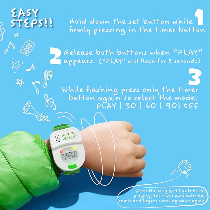 Potty Watch for Kids Potty Training - Potty Training Watch with 3 Fun Flashing Lights and Music - Water-Resistant Watch - Potty Watch Remind Kids Every 30, 60 or 90 Minutes - Green