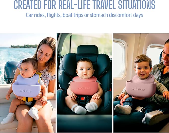 RideBib Silicone Vomit Bib with Extra-Deep Pocket for Motion Sickness Relief During Travel. Patent Pending