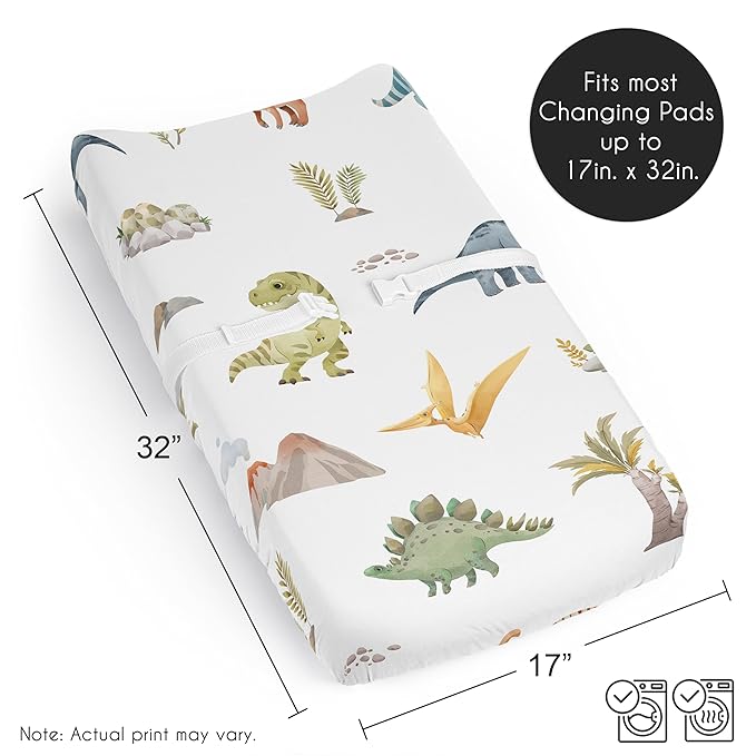 Sweet Jojo Designs Watercolor Dinosaur Dino Boy Baby Changing Pad Cover Sheet Infant Newborn Diaper Table Change Mat Cover Green Slate Blue White Modern Jurassic Nature Animal Steel Turquoise Mustard