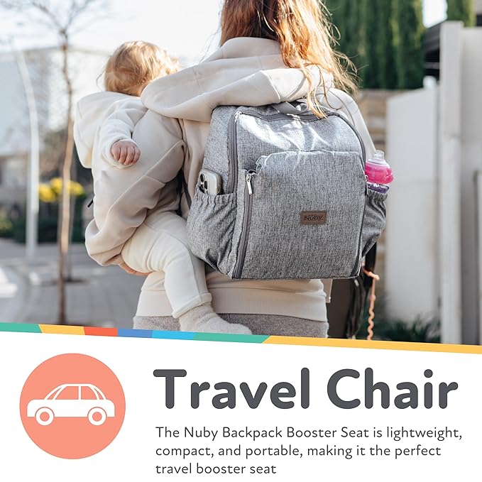 Nuby Easy Go 2-in-1 Backpack Booster Seat with 5-Point Safety Harness - Portable Travel Highchair - Holds Up to 55 lbs - 9+ Months - Gray