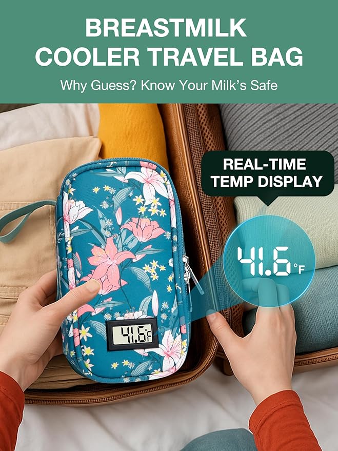 Breast Milk Cooler Travel Bag with Temperature Display, Holds 20oz Breastmilk Storage Bag with 2 Breast Milk Ice Pack, Cooling & Waterproof Portable Cooler for Moms on The Go (Lily)