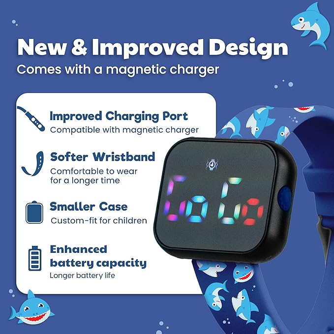 Potty Training Watch for Kids V2 – A Water Resistant Toilet Reminder Device for Boys & Girls to Train Your Toddler with Fun/Musical & Vibration Interval Reminder with Potty Training eBook (Sharks)