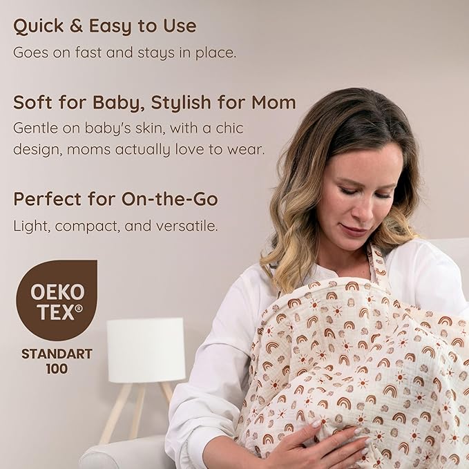Muslin Nursing Cover Up for Breastfeeding, 47"x47" Cotton Muslin Breastfeeding Covers for Nursing, Full Coverage Breast Feeding Covers, Pumping Cover Oeko-TEX Designed in France - Neutral Rainbow