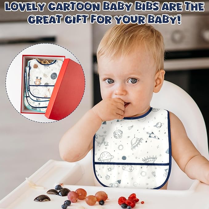 6Pcs Baby Bibs for Feeding Toddler Eating Bibs with Crumb Catcher Pocket Waterproof Sleeveless Teething Plastic Food Bib Set Adjustable Infant Keepsake Gift for Boys Baby Shower, 6-24 Months