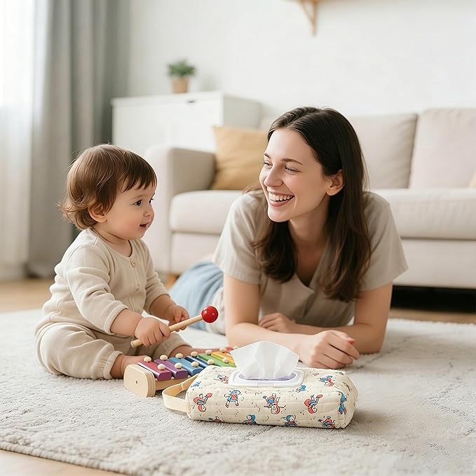 Quilted Baby Wipe Holder Floral Diaper Pouch Portable Quilted Wipes Bag for Car, Stroller