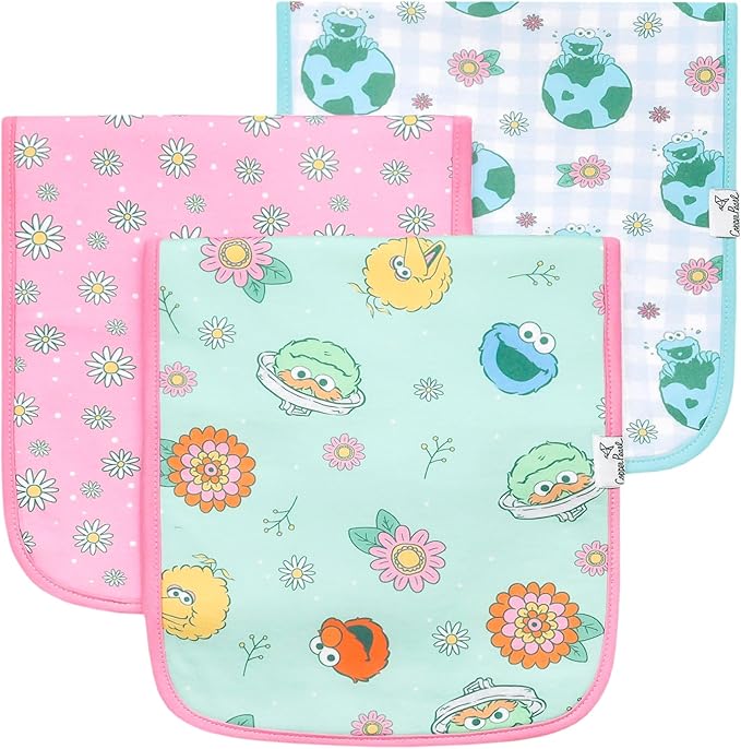 Baby Burp Cloths for Boys & Girls - Cotton Burp Cloths Baby Girl & Boy, 3 Pack Soft Spit Up Rags, Extra Absorbent Layers for Newborn, Infant Towels, 21x10 in - Sesame Street Retro Floral Set