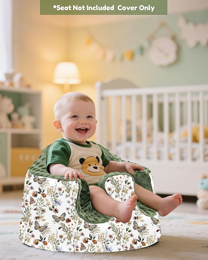 BOMOLOUR Seat Cover Compatible with Bumbo and Nuby Seat, Removable Breathable Baby Floor Seat Cover for Boys and Girls, Seat Not Included (Green Butterfly)