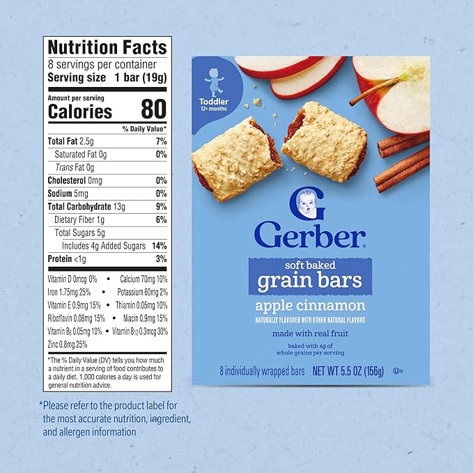 Gerber Snacks for Toddler Soft Baked Grain Bars, Apple Cinnamon, 5.5 Ounce (Pack of 8)