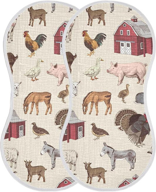 Vintage Farm Animals Burp Cloths Baby Boys Girls Absorbent Soft Cotton Burping Cloths Rags 2 Pack