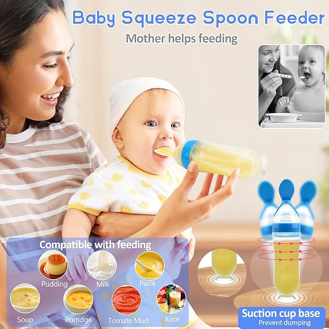 Baby Fruit Feeder Pacifier | 2 Infant Food Feeder Pacifier & 2 Baby Food Dispensing Spoon | Fresh Fruit Teethers for Babies | Silicone Feeder Babies,Infant Teething Feeders (Blue-Rabbit)