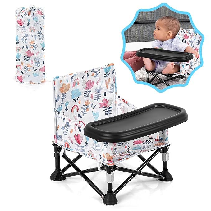 Toddler Booster Seat for Dining Table & Kitchen Chair - Portable Foldable with Removable Tray, Baby Camping Chair 6-36 Months Indoor Outdoor (Green Stripe)