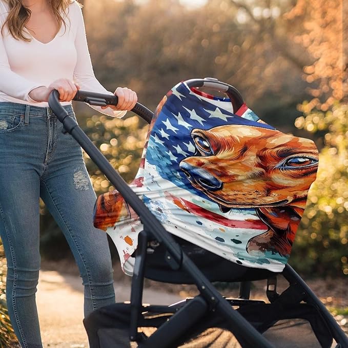 Belidome 4th of July Breastfeeding Cover American Flag Patriotic Nursing Cover Up Sausage Dog Baby Carseat Canopy