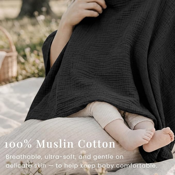 Konssy Muslin Nursing Cover for Breastfeeding, 360° Full Privacy Breathable 100% Cotton Breastfeeding Cover, Multi-use Carseat Canopy(Black)