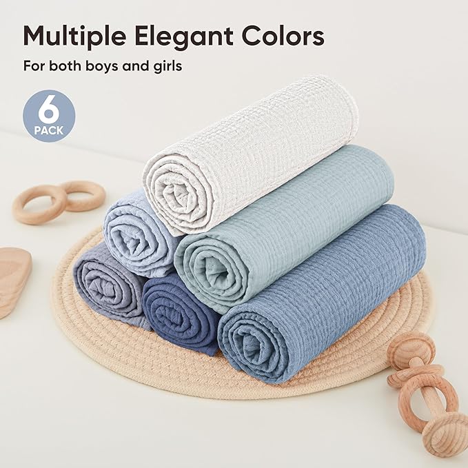 Bearmoss 6 Pack Muslin Burp Cloths for Baby, 100% Cotton Soft Large Burping Cloths for Unisex, Boy, Girl, 23.6" X 23.6" Newborn Essentials Absorbent Milk Spit Up Rags (Blue)