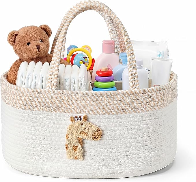 Diaper Caddy Organizer Cotton Rope Diaper Caddy Basket Cute Giraffe Empty Gift Basket Nursery Storage Bin and Car Organizer with Removable Divider Baby Shower Gifts Newborn Essentials