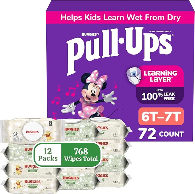 Pull-Ups for Girls + Natural Care Sensitive Wipes Bundle: Pull-Ups Training Pants, Size 6T-7T (55-75 lbs), 72 Count (2 Packs of 36) & Huggies Natural Care Sensitive Baby Wipes, 12 Packs, 768 Count