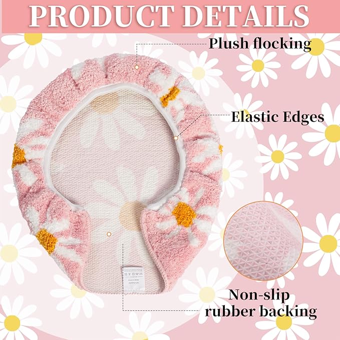 Pink Flower Bathroom Toilet lid, Cute Daisy Toilet lid Cover, Machine Washable, Beautiful and Soft Bathroom Decoration Suitable for Most Round, Oval and Long Toilet Seats (Pink)