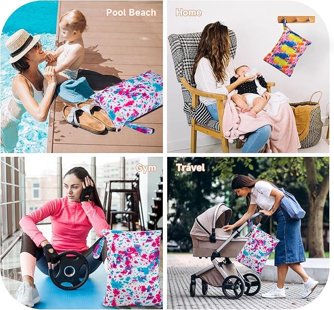 wegreeco Wet Dry Bag for Baby Swimsuit, Small Wet Dry Bag for Clothes Diaper and Breast Pump Parts, Large Baby bag for Travel,Gym Clothes,Beach,Pool,Extra Clothes (Tie-Dye)