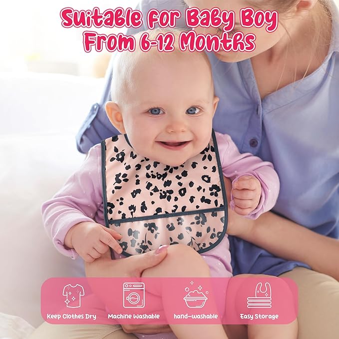 6Pcs Waterproof Toddler Bibs Baby Feeding Bib Set with Crumb Catcher Pocket, Infant Adjustable Baby Teething Bib, Babies Sleeveless Animals Food Bibs Keepsake Gift for Baby Shower, 6-24 Months