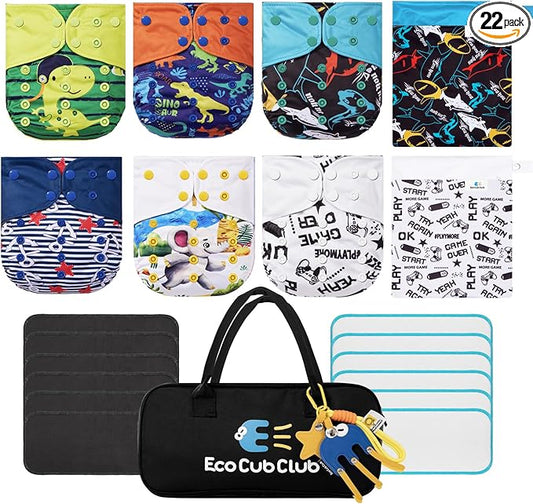 Reusable Washable Cloth Diapers 6pcs for Baby Shower,Leak-Proof Double Gussets Fleece Lining,12 Soft Fleece Inserts & 2 Wet Bags,Packed in Durable Travel Handbag&Key Chain-B-02-F