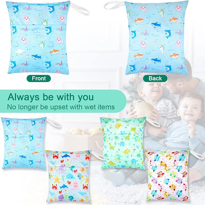 Frienda 4 Pieces Cloth Diaper Wet Dry Bag, Waterproof Reusable Washable Bag for Baby Items and Travel Zippered Pockets with Handle, Beach, Swimsuit, Dirty Gym Clothes and Toiletries(Animal)