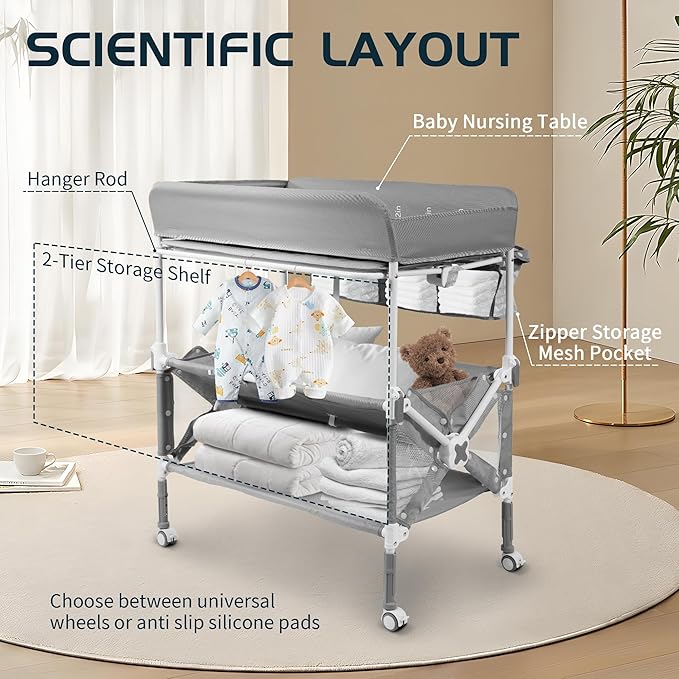PEEKABU Portable Foldable Baby Changing Table Dresser Waterproof Diaper Changing Station with Wheels, Adjustable Height Changing Table Station Mobile Nursery Organizer for Newborn and Infant, Grey