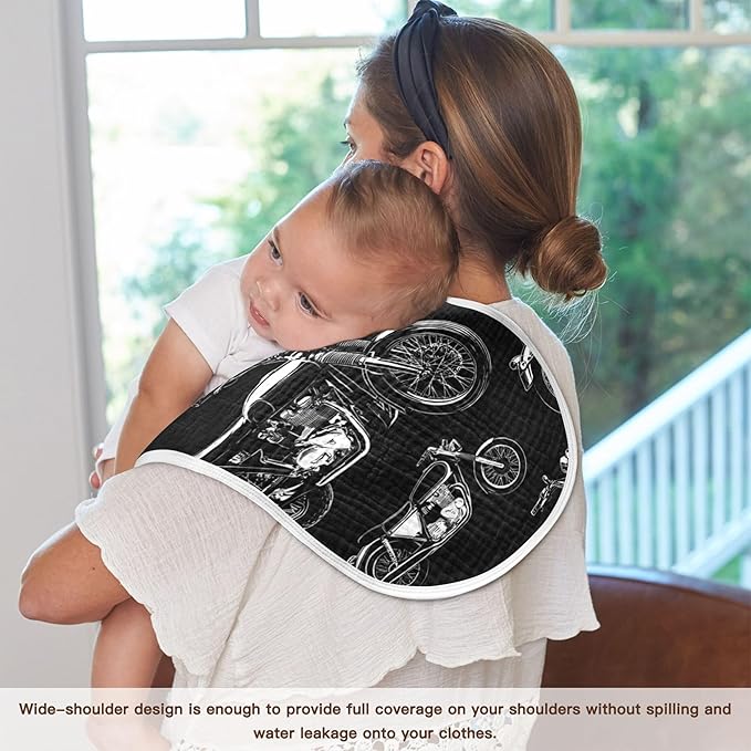 Black White Motorcycles Burp Cloths Baby Boys Girls Absorbent Soft Cotton Burping Cloths Rags, 1 Pack