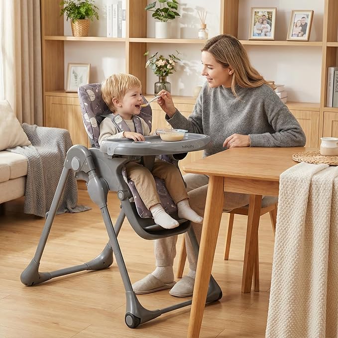 BABY JOY Foldable High Chair, Portable Highchairs for Babied and Toddlers with Adjustable Height, Backrest & Footrest, Double Removable Tray, Built-in Wheels, Baby Feeding Chair for 6-36 Months