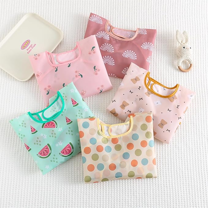 Long Sleeved Bibs,5 PCS Waterproof Wearable Bibs with Sleeves,Baby Feeding Smock 6-30 Months