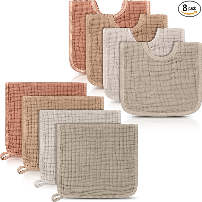 Tallew 8 Pack Muslin Burp Cloths and Baby Bibs for Boy Girl 20" x 10" Cotton Baby Bandana Drool Bibs Muslin Burp Cloths Absorbent Rag for Newborn Toddler Infant Gifts(Brown Series)