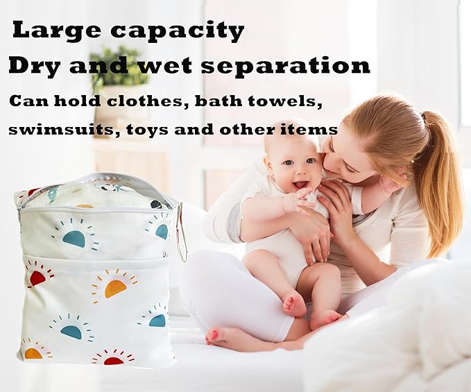 Wet Dry Bag for Cloth Diapers, 2PCS Waterproof Reusable Wet Bag with Zippered Pockets, Washable, Reusable for Travel, Beach, Pool, Stroller, Diapers, Dirty Gym Clothes, Swimsuits, 14x12In & 12x11In