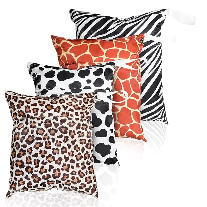 Frienda 4 Pieces Cloth Diaper Wet Dry Bag, Waterproof Reusable Washable Bag for Baby Items and Travel Zippered Pockets with Handle, Beach, Swimsuit, Dirty Gym Clothes and Toiletries(Animal Print)