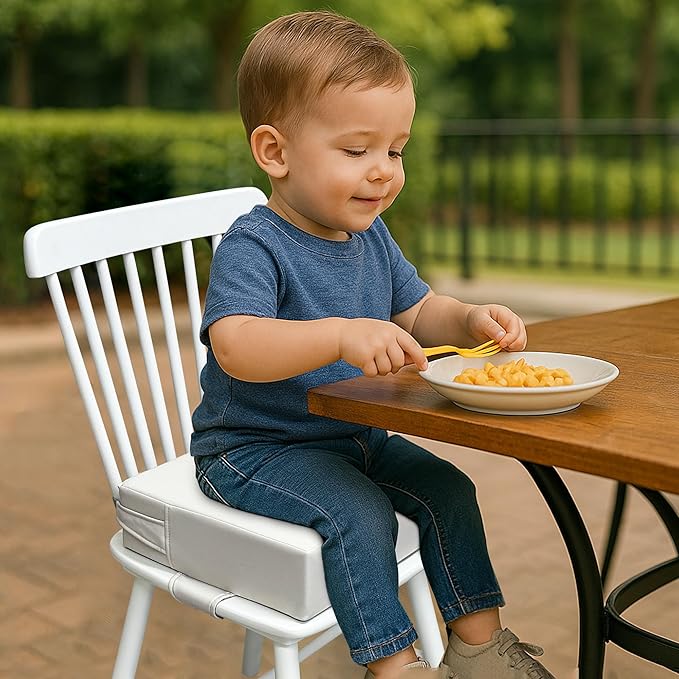 Toddler Booster Seat for Dining Table – PU Washable Cushion with Double Safe Straps, Non-Slip Bottom, Portable Travel Booster Seat for Toddlers (Grey)