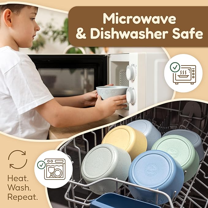 FOODLE 6pcs Wheat Straw Kids Bowls - 12oz Microwave & Dishwasher Safe Toddler Bowls - BPA Free & Non Toxic Dishes for Baby - Unbreakable and Durable Childrens Snack and Cereal Bowl