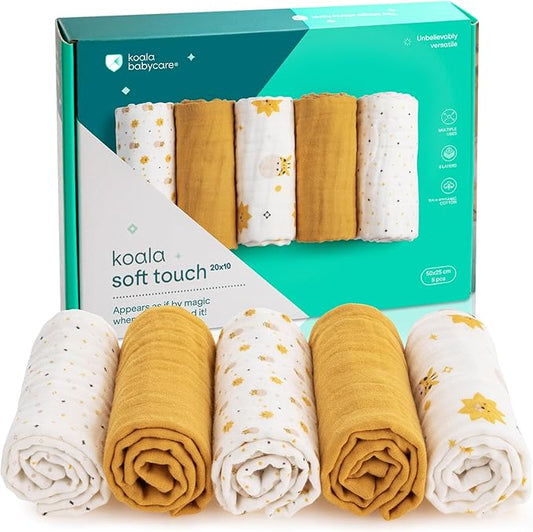Koala Babycare 5 Pack 20"x10" Organic Burp Cloths for Baby Boys and Girls - GOTS & OEKO-TEX Cotton Burp Rags for Newborns - Absorbent Neutral Burping Cloths for Feeding - Washable Baby Bibs Essentials